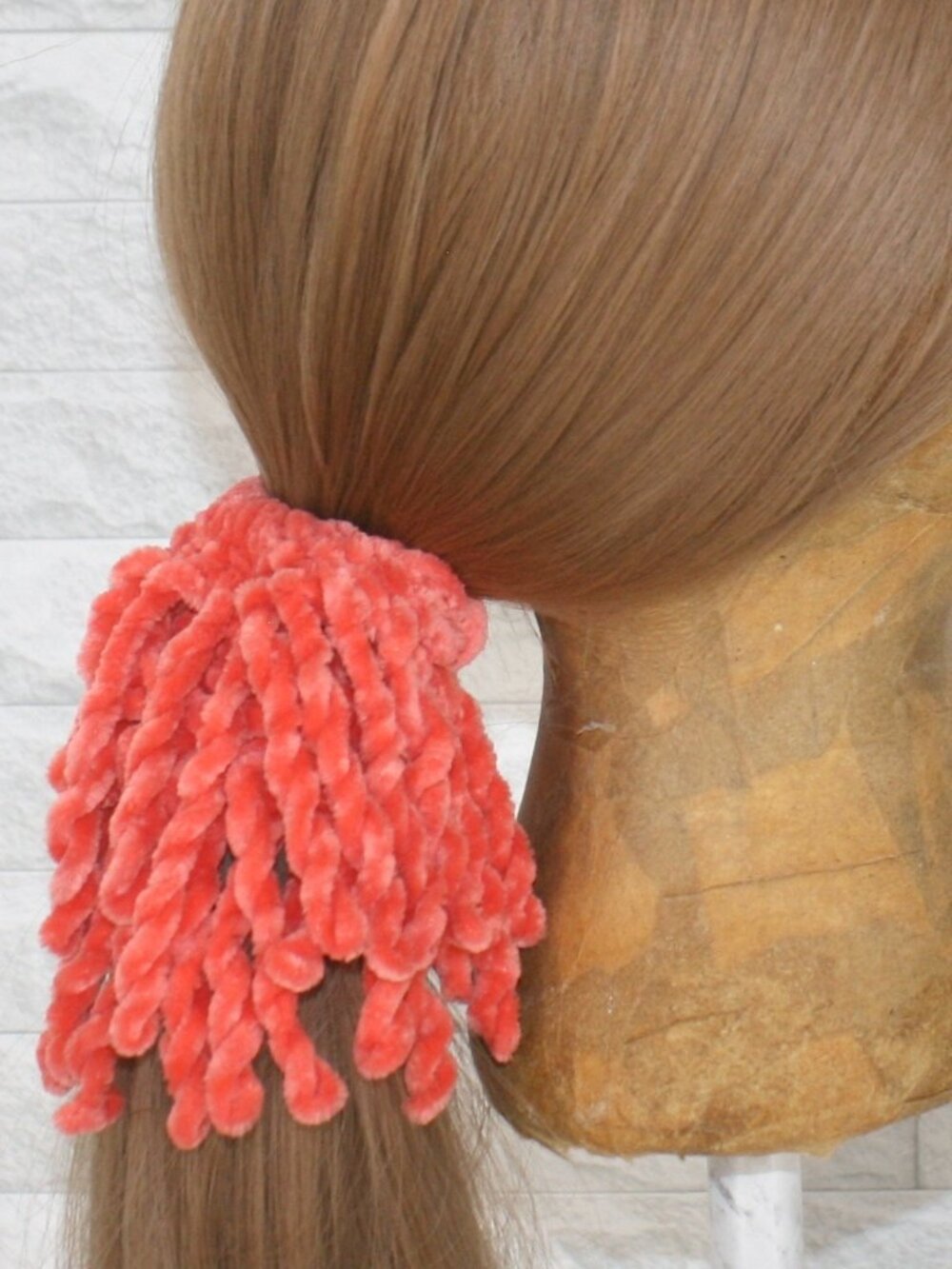 HAND CRAFTED Hair Scrunchie Fringe Crochet Kids Chenille Velvet Oversized Orange